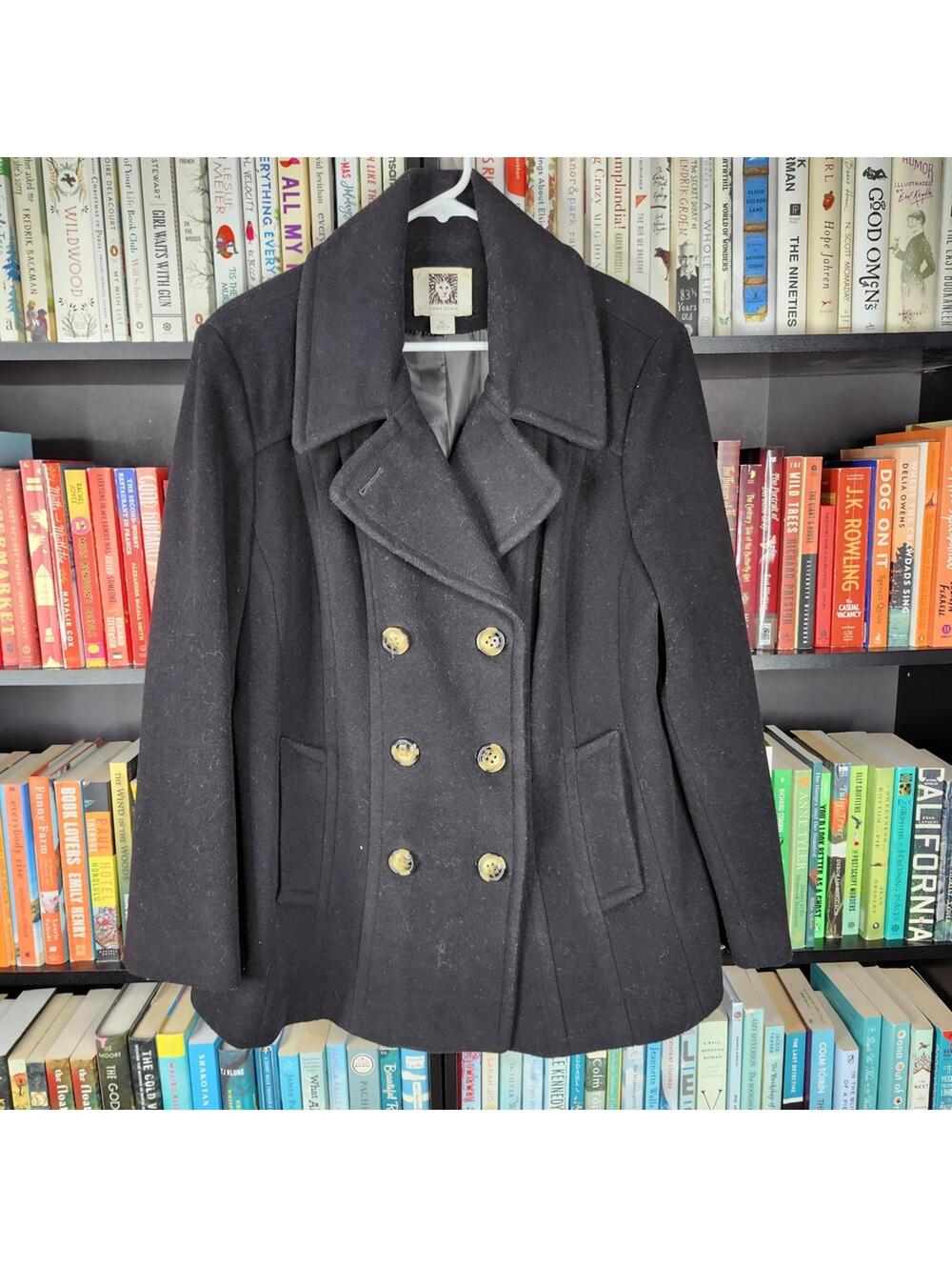 Anne Klein Elegant Black Wool Peacoat with Gold Accents XL